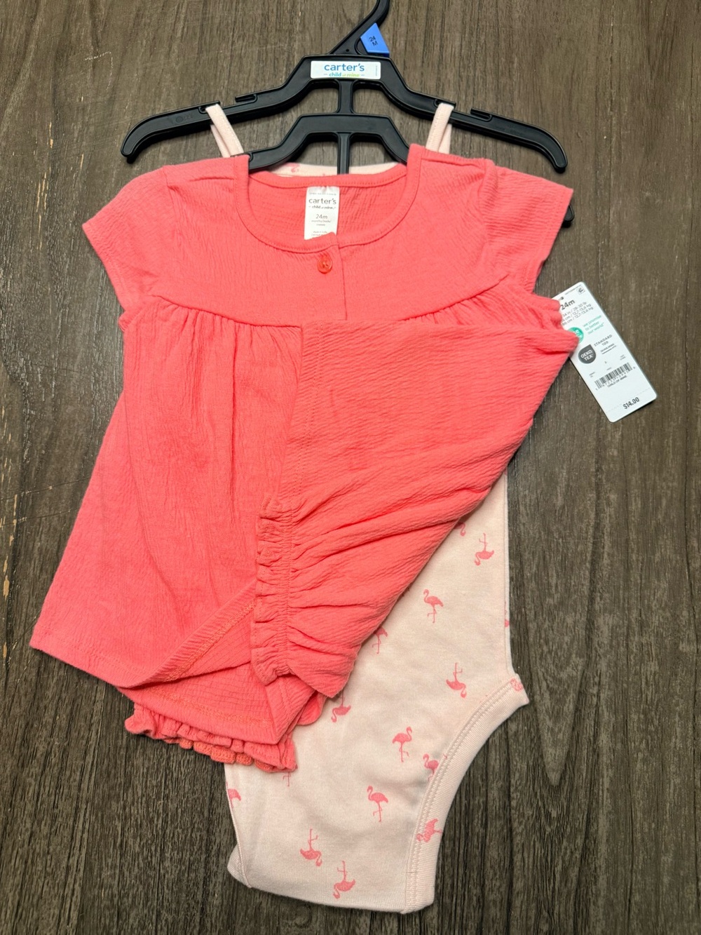 Carter's Coral & Light Pink Baby Dress and Flamingo Bodysuit Set